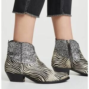 Golden Goose Ankle Western Zip Boots Bootie Zebra Ponyhair Zebra Glitter Size 37